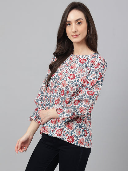 White Floral Print Full Sleeve Casual Top