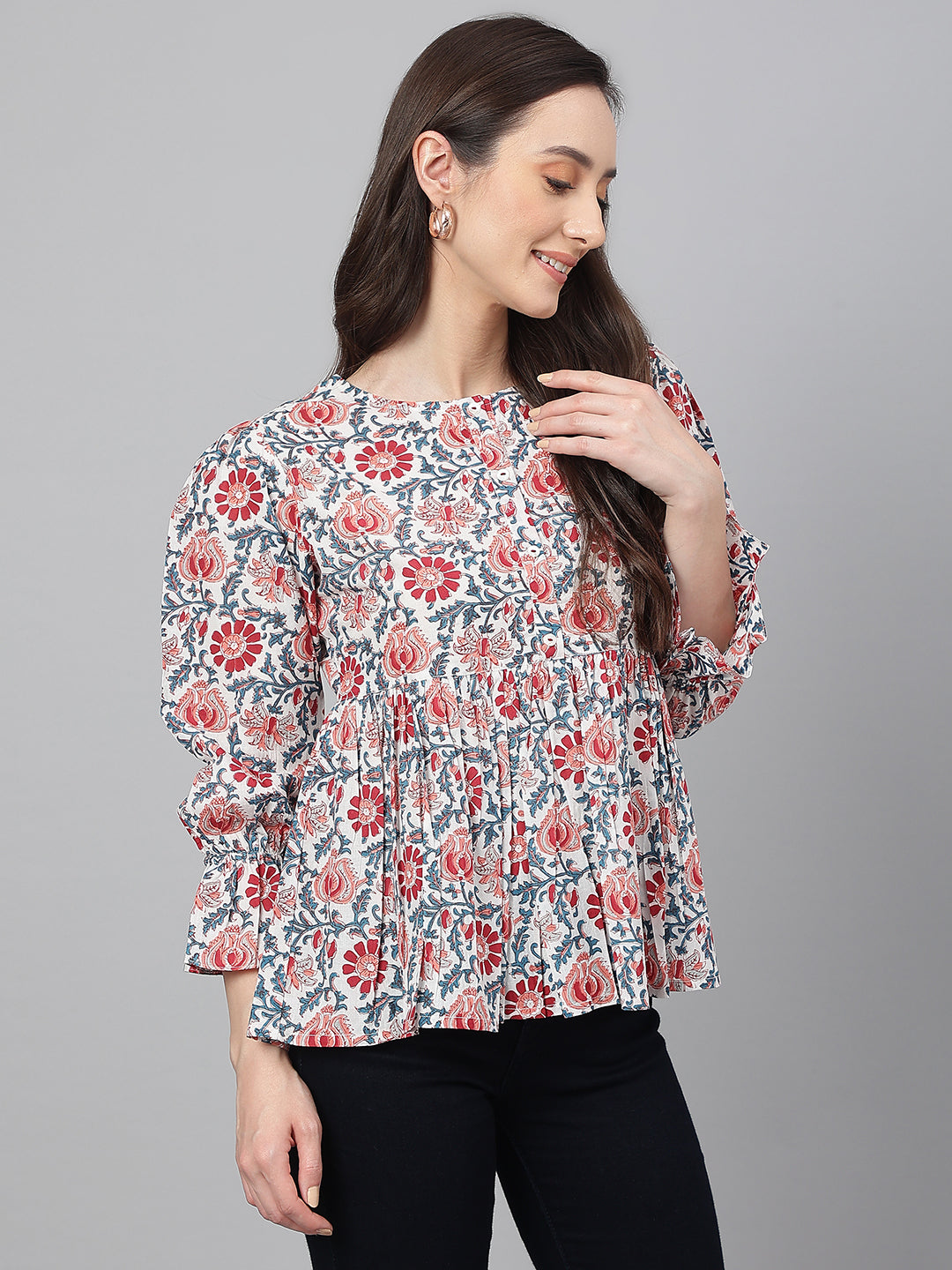 White Floral Print Full Sleeve Casual Top