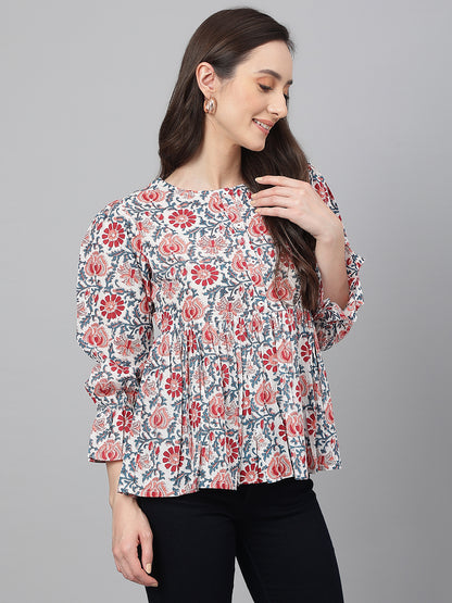 White Floral Print Full Sleeve Casual Top