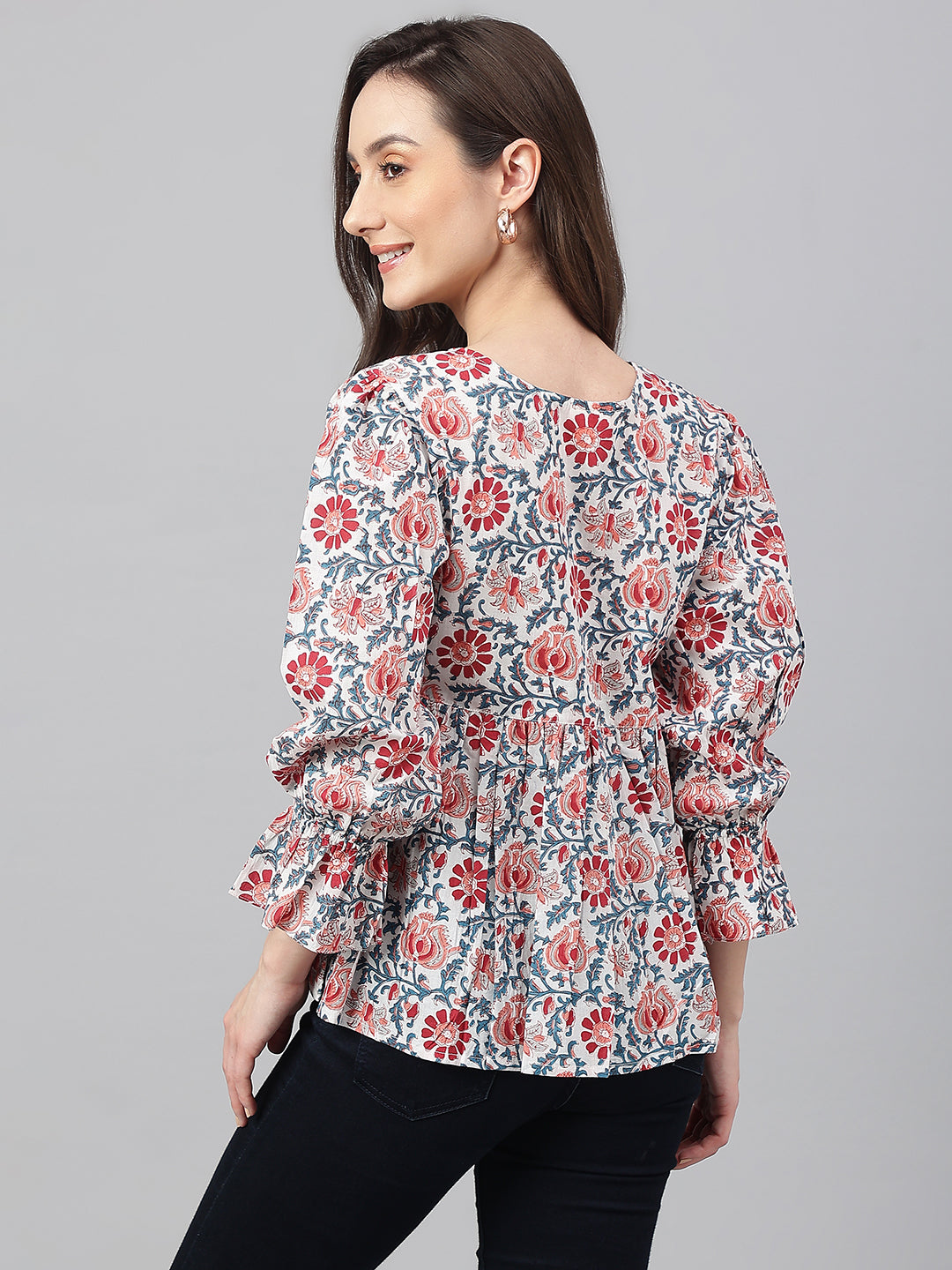 White Floral Print Full Sleeve Casual Top