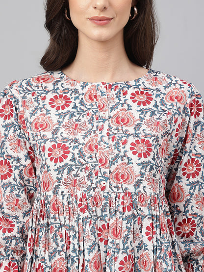 White Floral Print Full Sleeve Casual Top