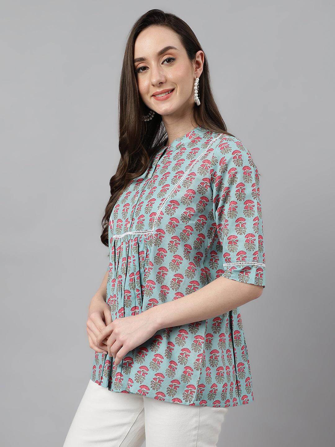 Women's Aqua Blue Cotton Block Print A-Line Top