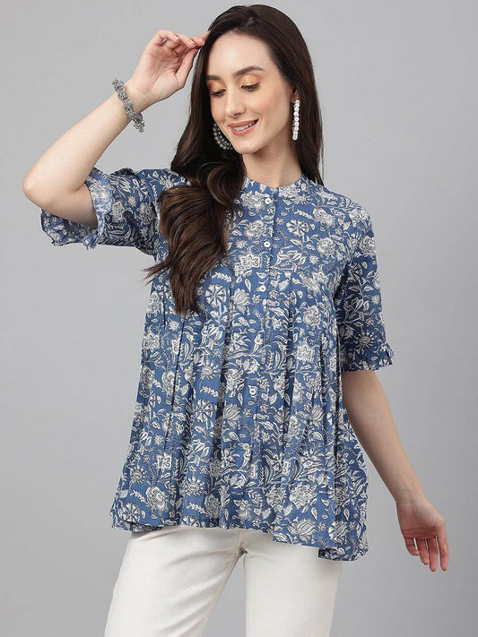 Ink Blue Cotton Floral Print Flared Top