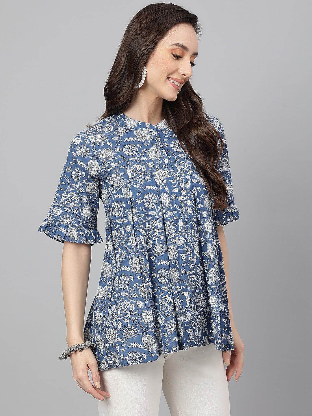 Ink Blue Cotton Floral Print Flared Top