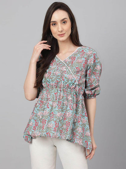 Aqua Blue Cotton Floral Print Peplum Ethnic Top