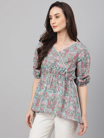 Aqua Blue Cotton Floral Print Peplum Ethnic Top