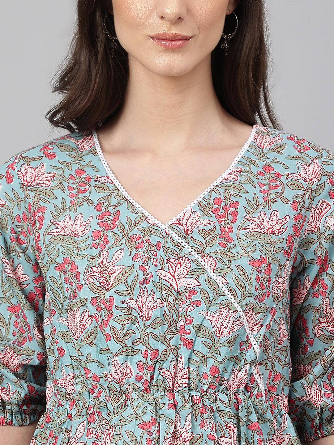 Aqua Blue Cotton Floral Print Peplum Ethnic Top