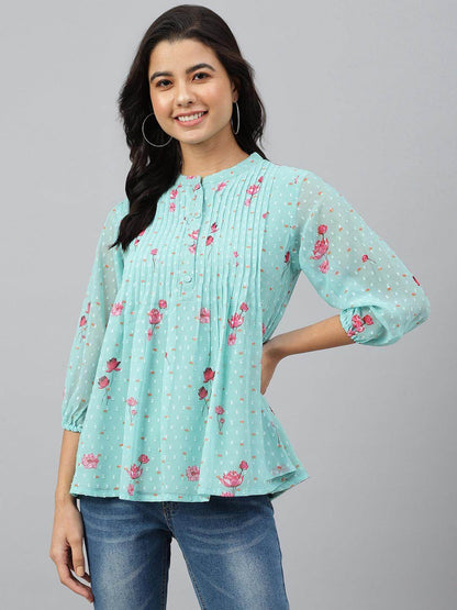 Sea Green Dobby Georgette Floral Print Flared Top