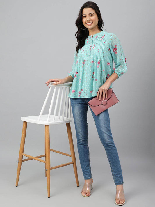 Sea Green Dobby Georgette Floral Print Flared Top