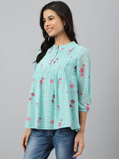 Sea Green Dobby Georgette Floral Print Flared Top