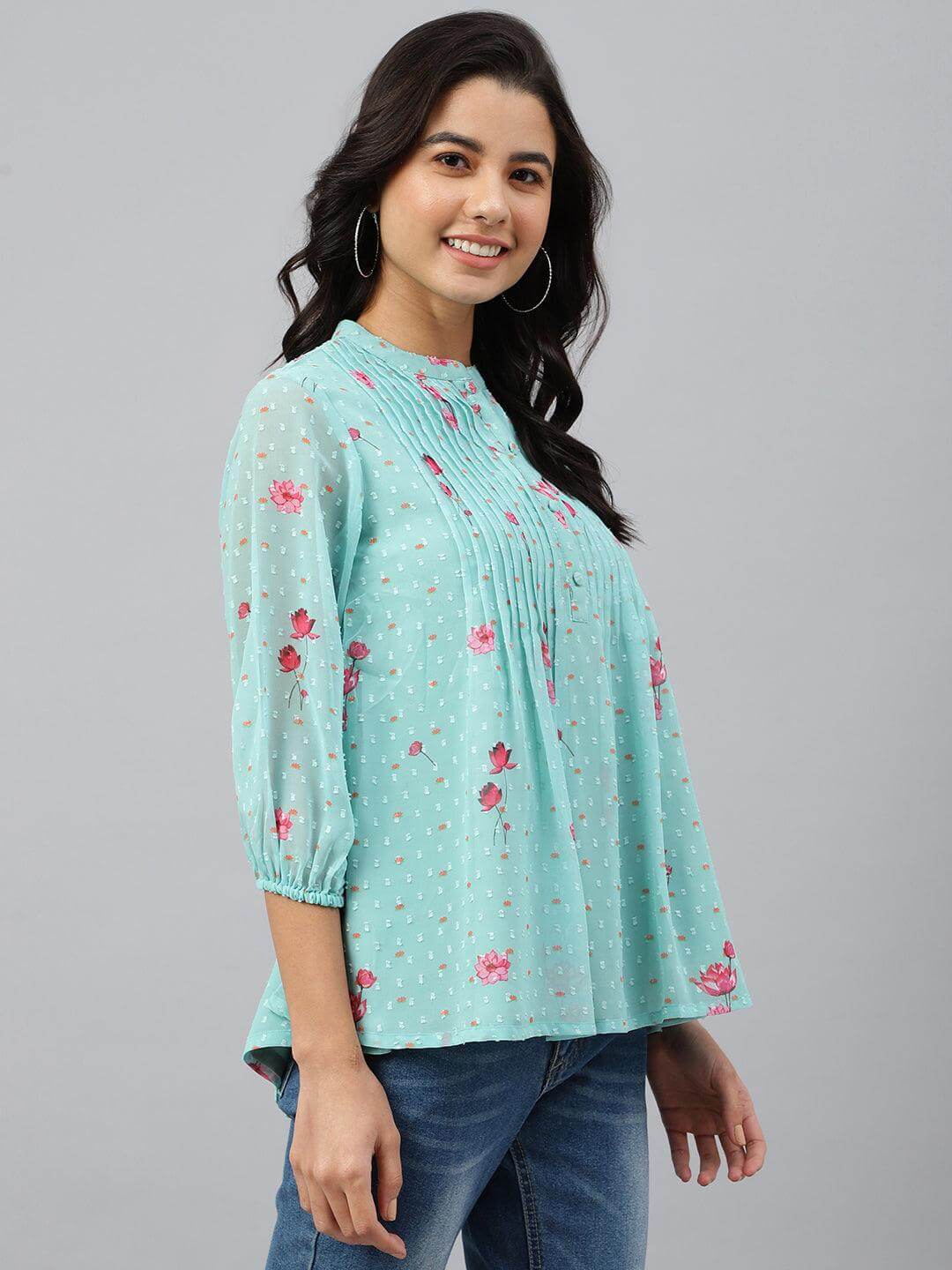 Sea Green Dobby Georgette Floral Print Flared Top