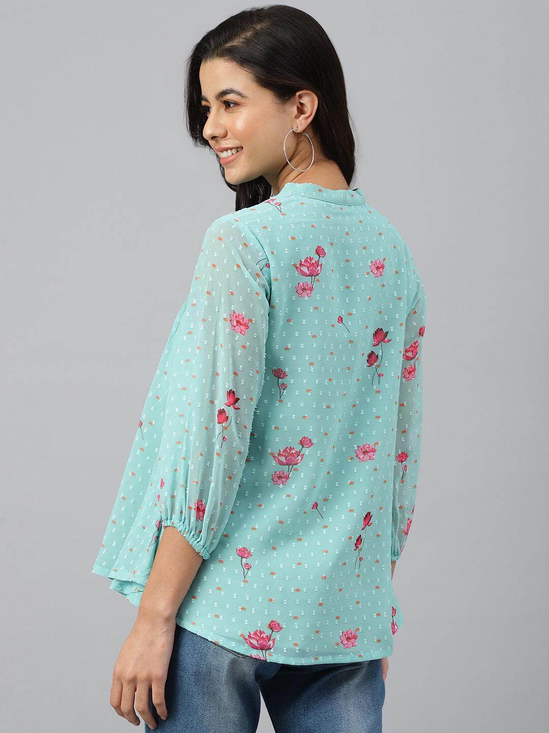 Sea Green Dobby Georgette Floral Print Flared Top