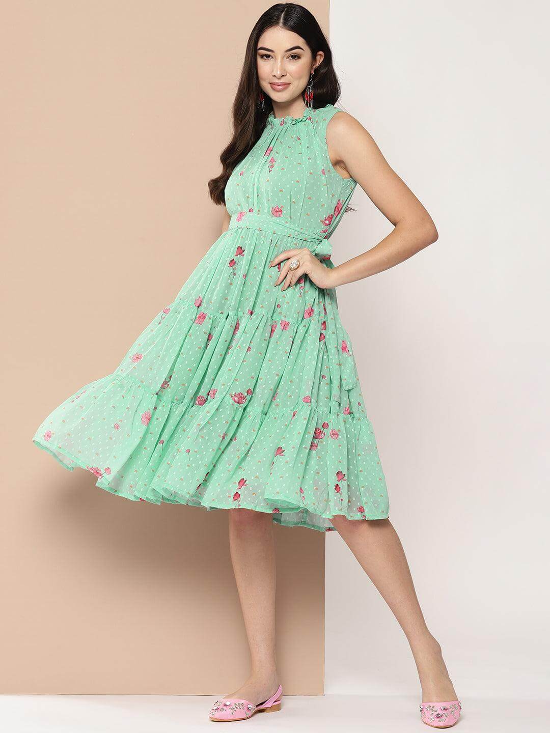 Sea Green Dobby Georgette Floral Printed Tiered Western Dress