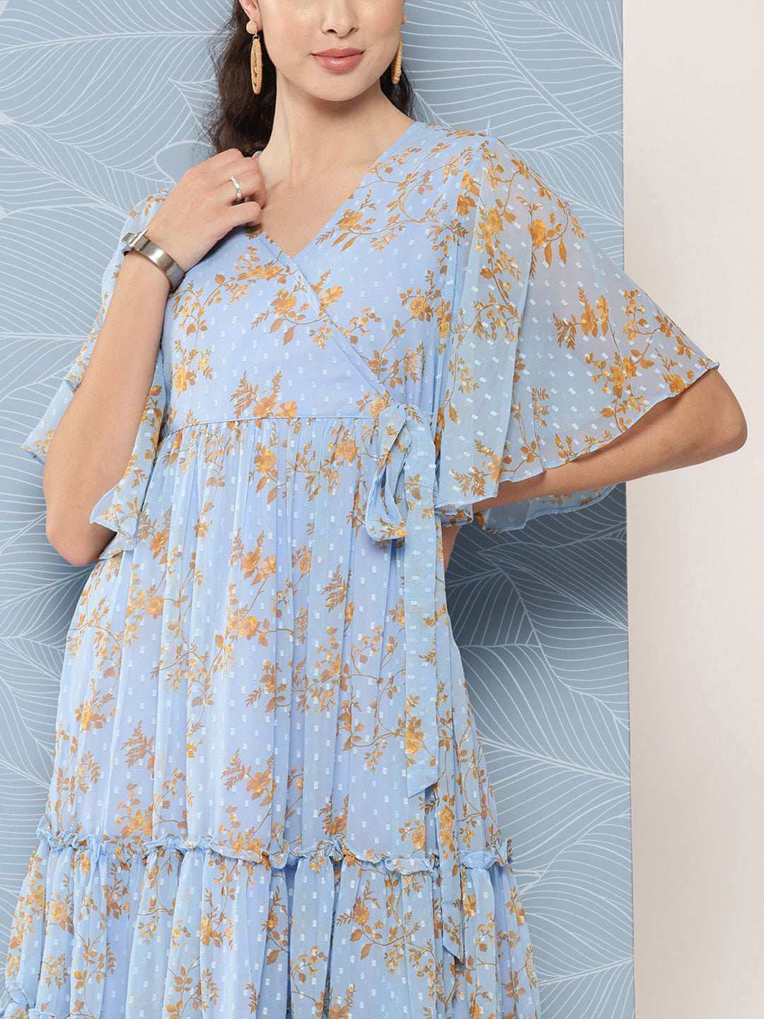 Sky Blue Dobby Georgette Digital Print Flared Western Dress