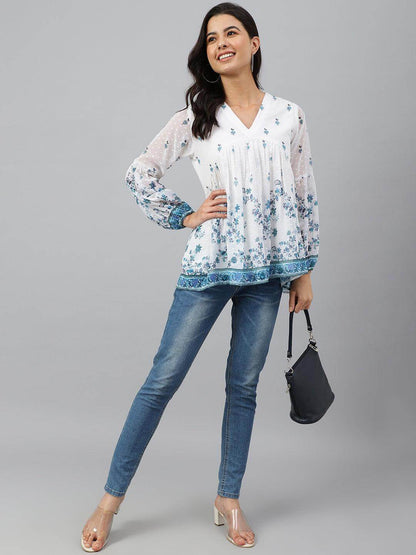 White Georgette Digital Print Flared Top