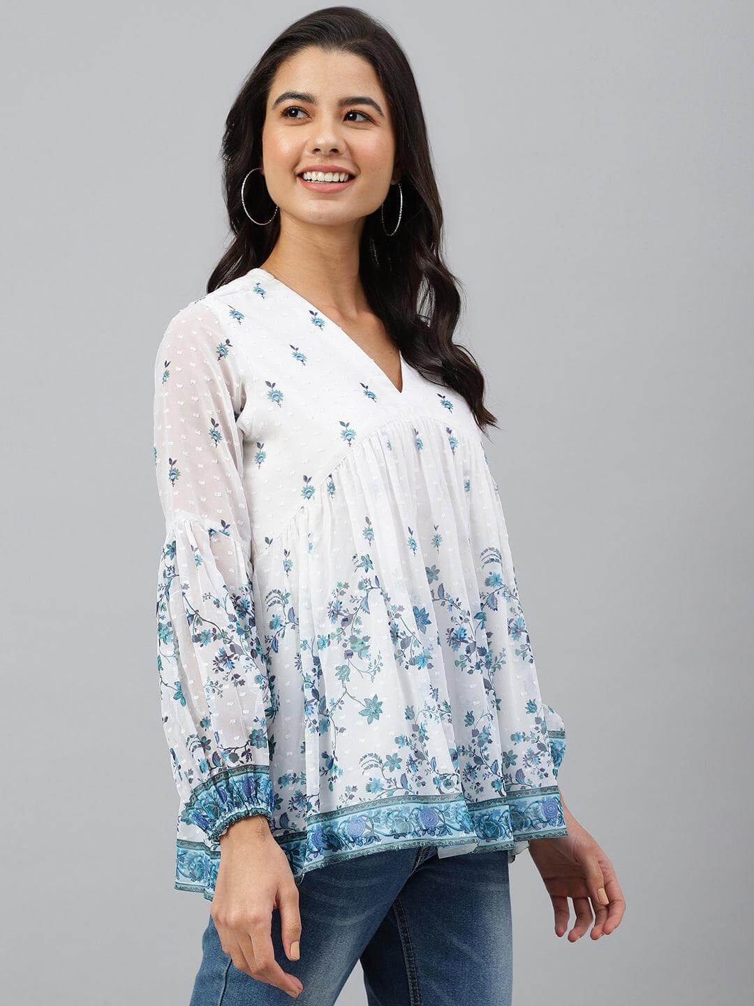 White Georgette Digital Print Flared Top