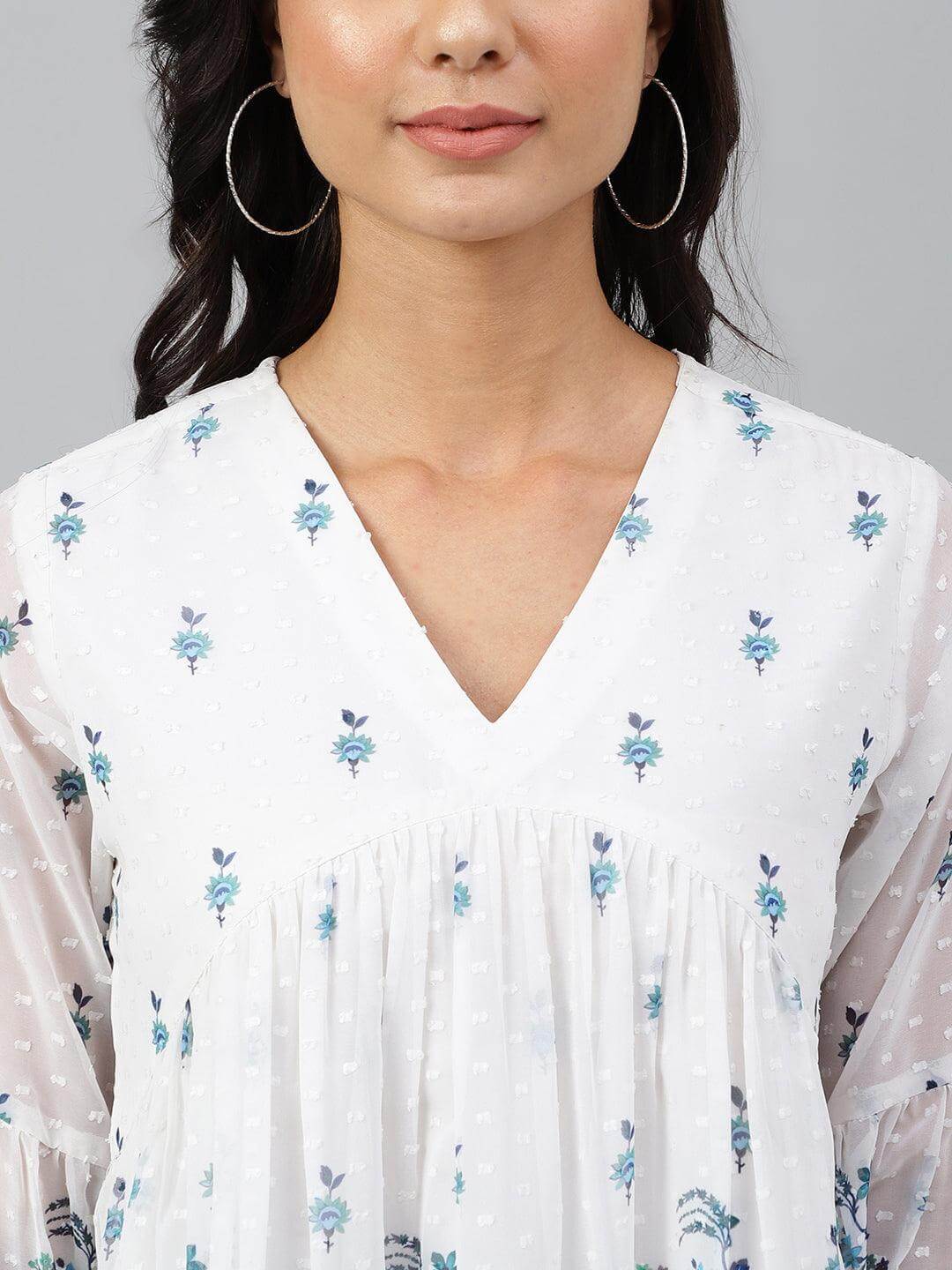 White Georgette Digital Print Flared Top