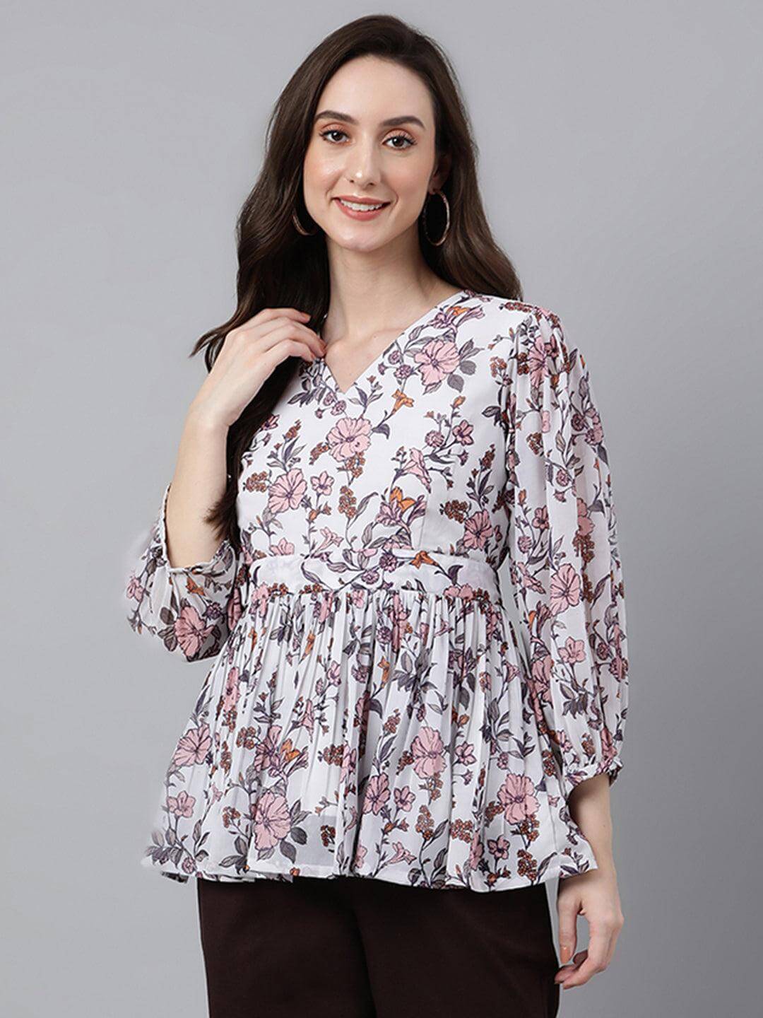 White Georgette Floral Print Peplum Top