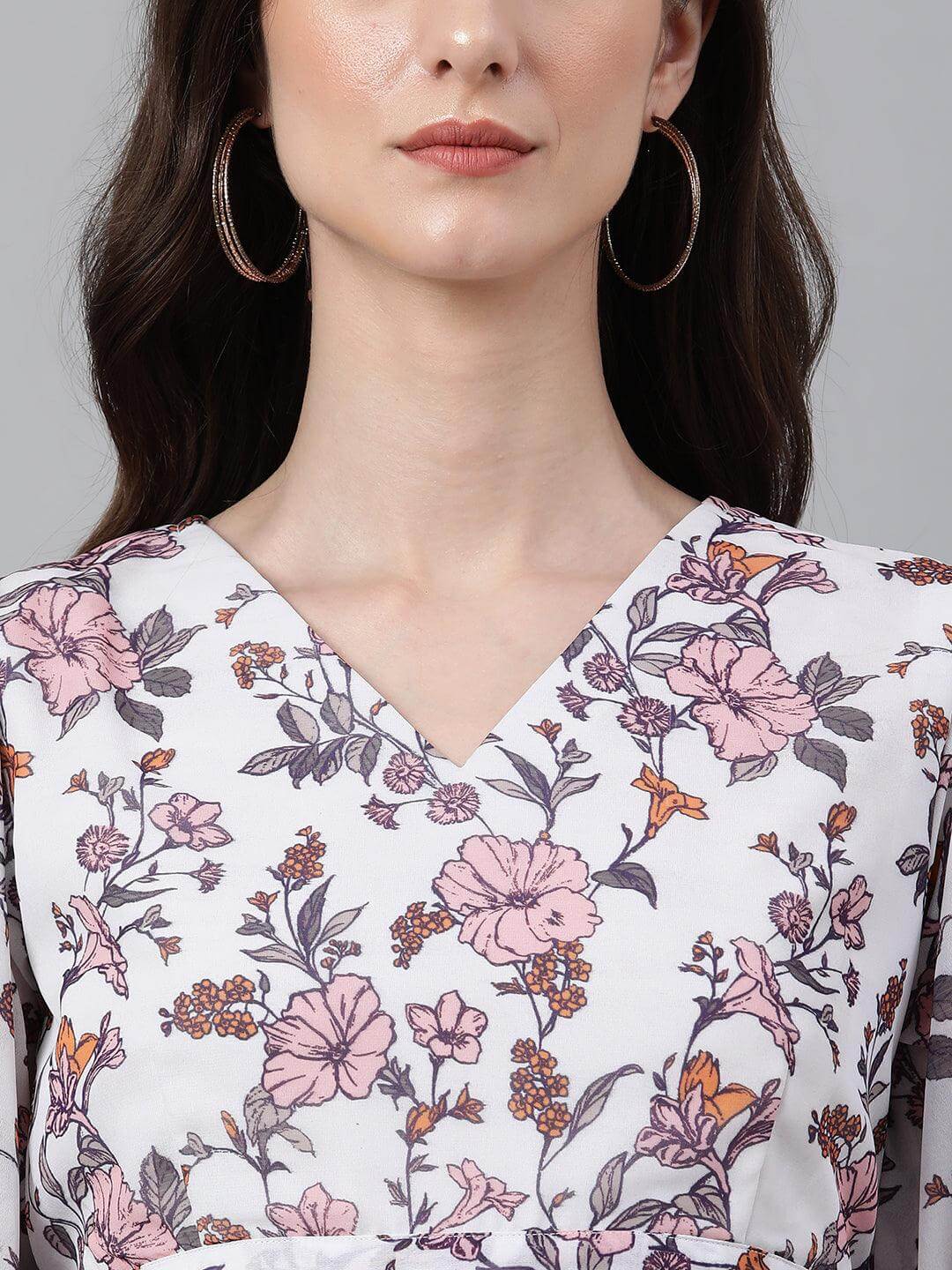 White Georgette Floral Print Peplum Top