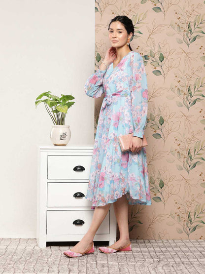 Sky Blue Georgette Floral Flared Western Dress