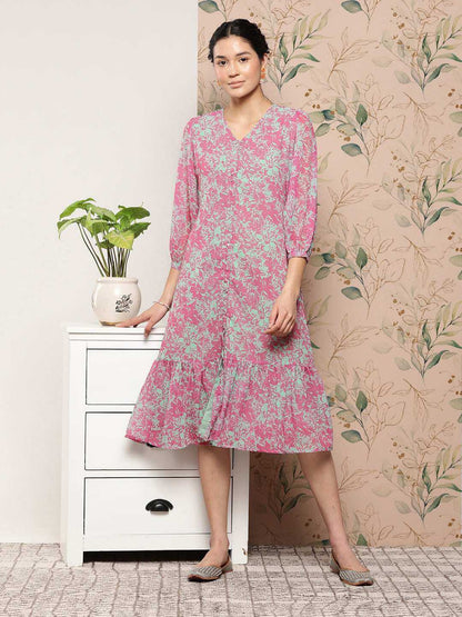 Pink Georgette Floral A-Line Western Dress