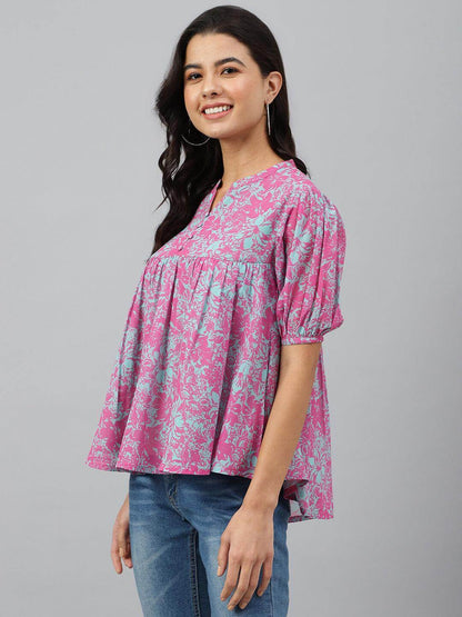 Women's-Pink-Georgette-Digital-Print-Flared-Top