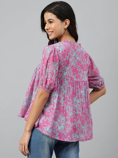 Women's-Pink-Georgette-Digital-Print-Flared-Top