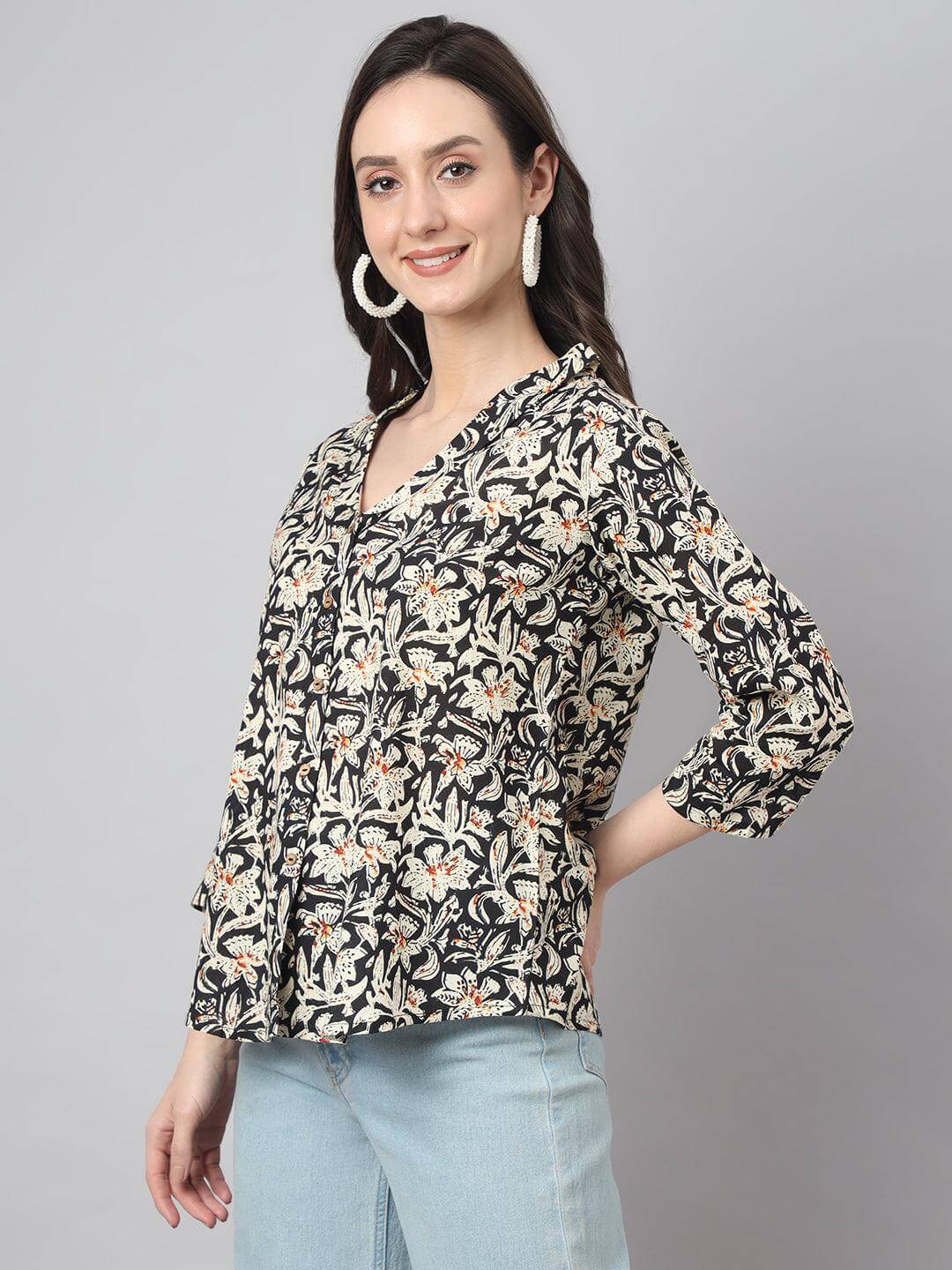 Women's Black Cotton Floral Print Regular Top