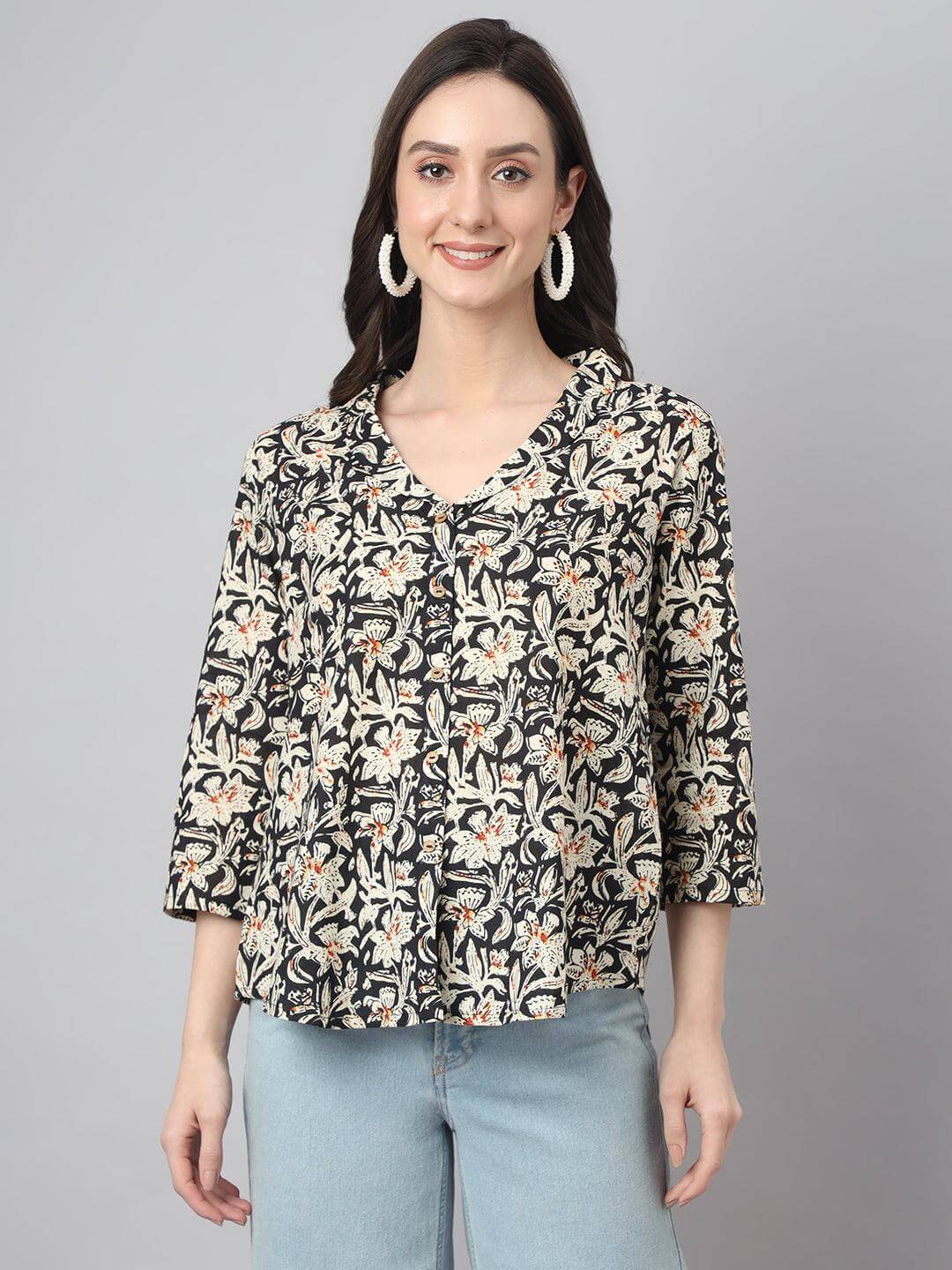 Women's Black Cotton Floral Print Regular Top