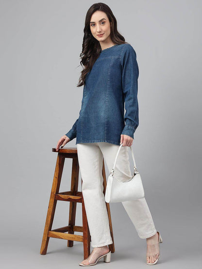 Dark Blue Denim Solid Regular Top