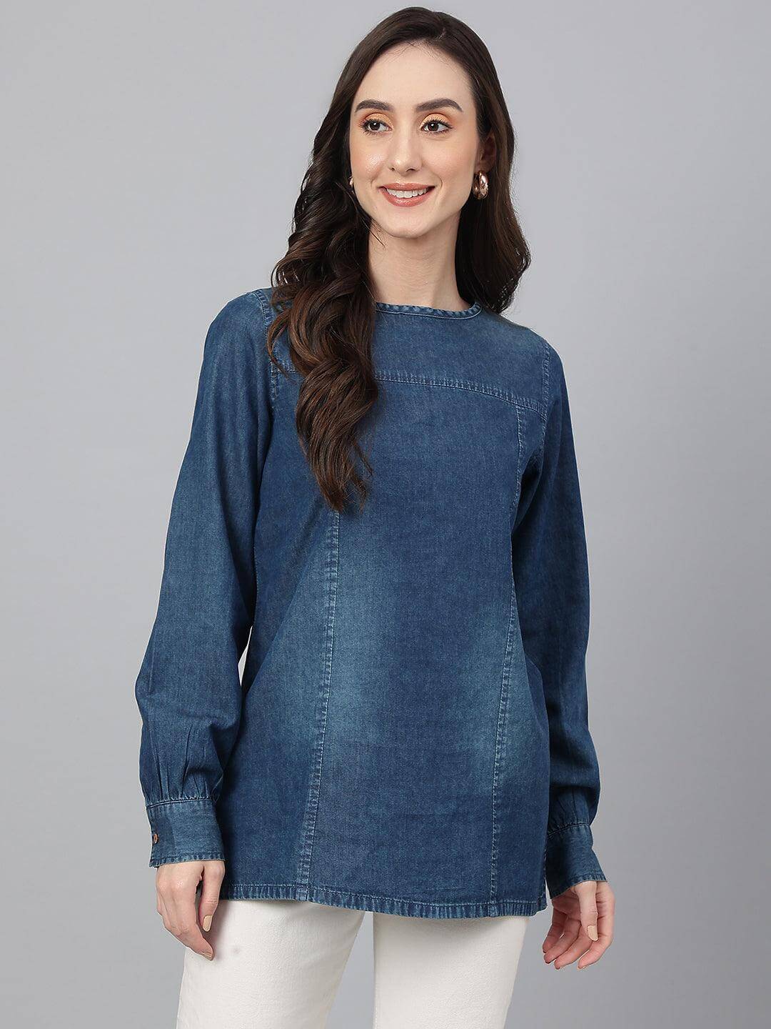 Dark Blue Denim Solid Regular Top