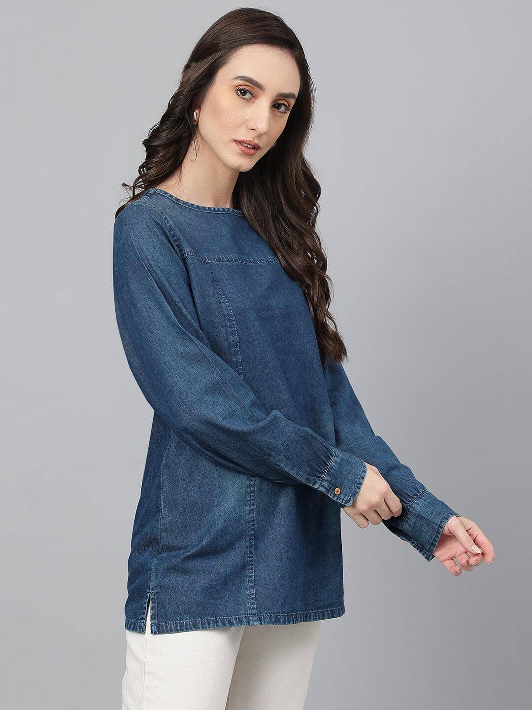 Dark Blue Denim Solid Regular Top