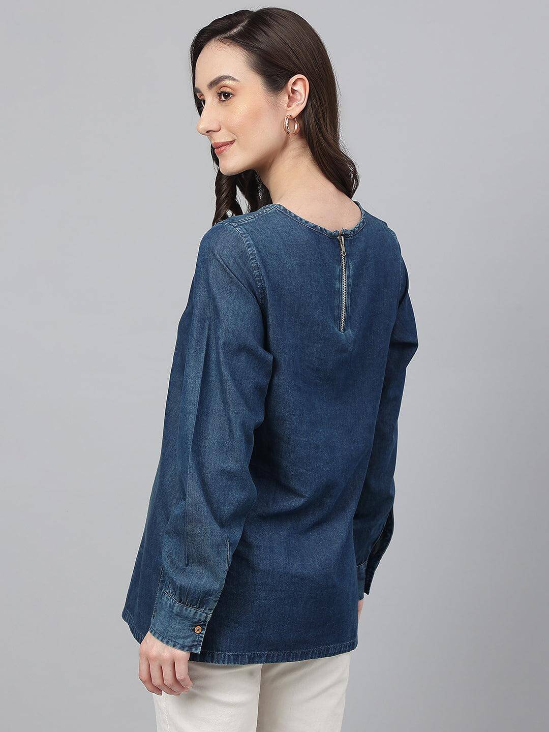 Dark Blue Denim Solid Regular Top