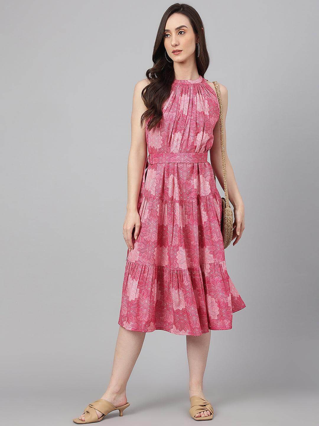 Pink Crepe Digital Print Tiered Western Dress