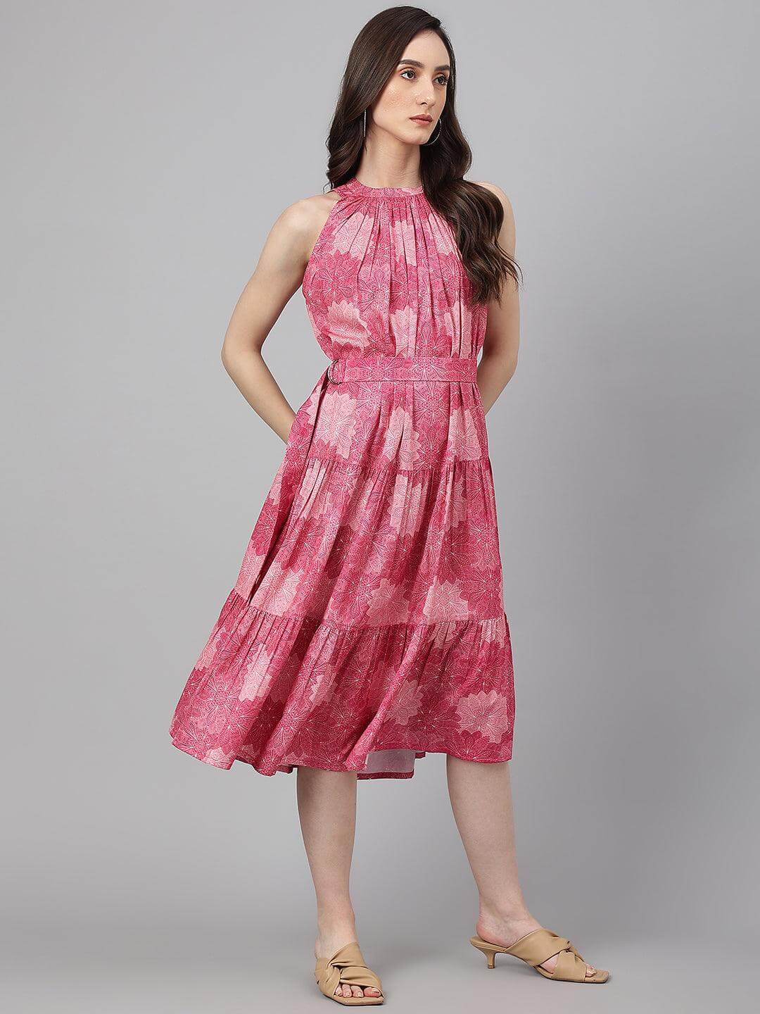 Pink Crepe Digital Print Tiered Western Dress