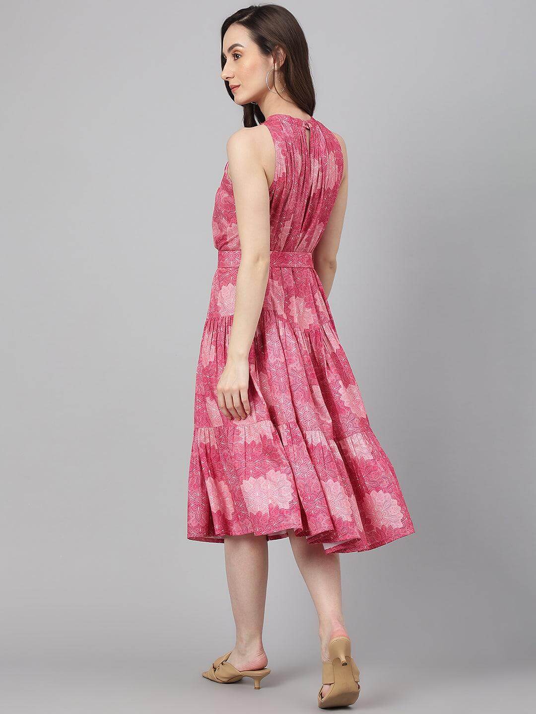 Pink Crepe Digital Print Tiered Western Dress