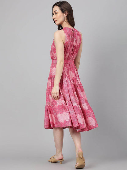 Pink Crepe Digital Print Tiered Western Dress