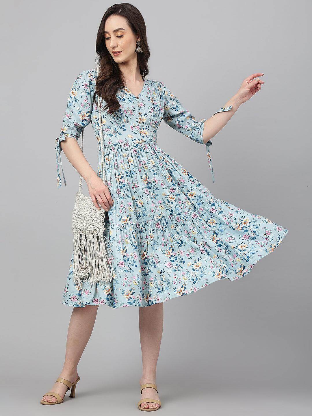 Blue Crepe Digital Print Flared Western Dress