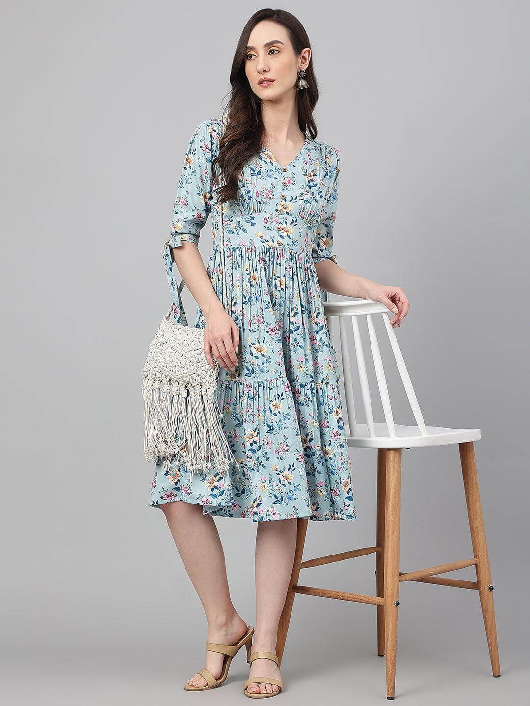 Blue Crepe Digital Print Flared Western Dress