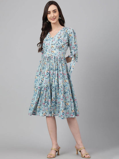 Blue Crepe Digital Print Flared Western Dress