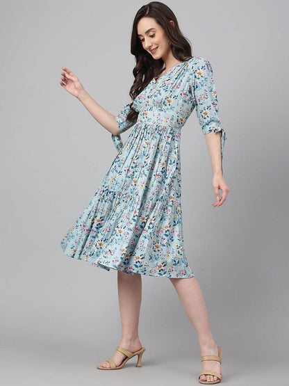 Blue Crepe Digital Print Flared Western Dress