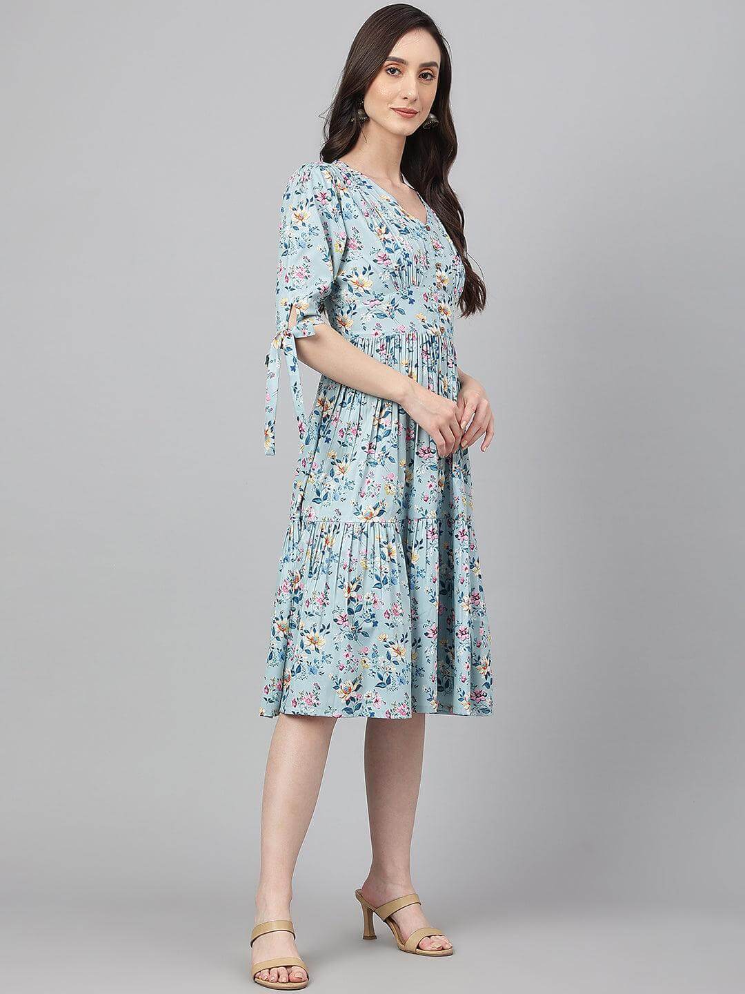 Blue Crepe Digital Print Flared Western Dress