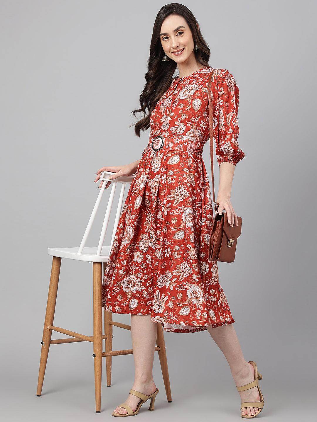 Rust Crepe Digital Print Flared Western Dress