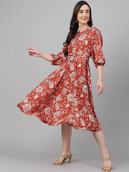 Rust Crepe Digital Print Flared Western Dress