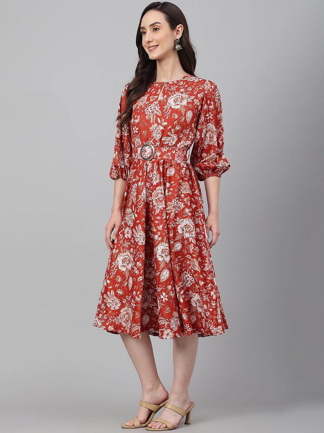 Rust Crepe Digital Print Flared Western Dress