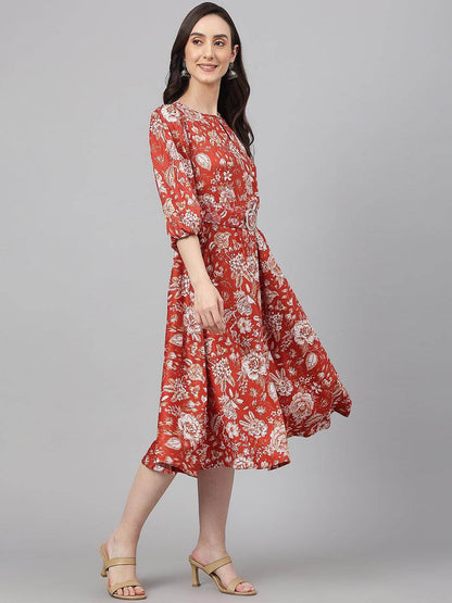 Rust Crepe Digital Print Flared Western Dress