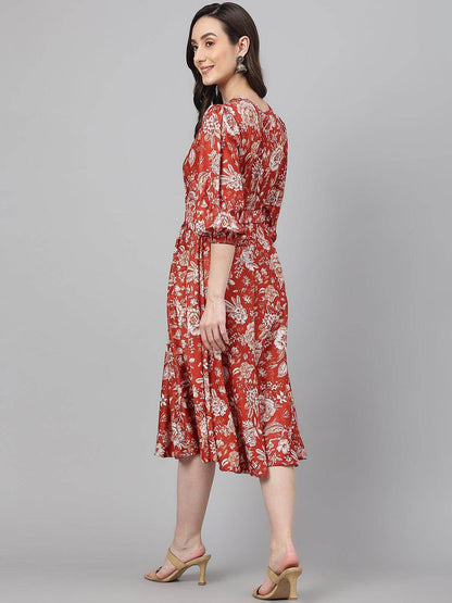 Rust Crepe Digital Print Flared Western Dress