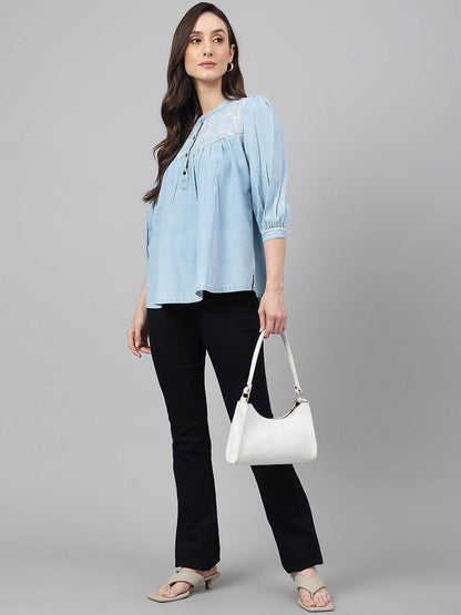 Light Blue Denim Embroidered Flared Top