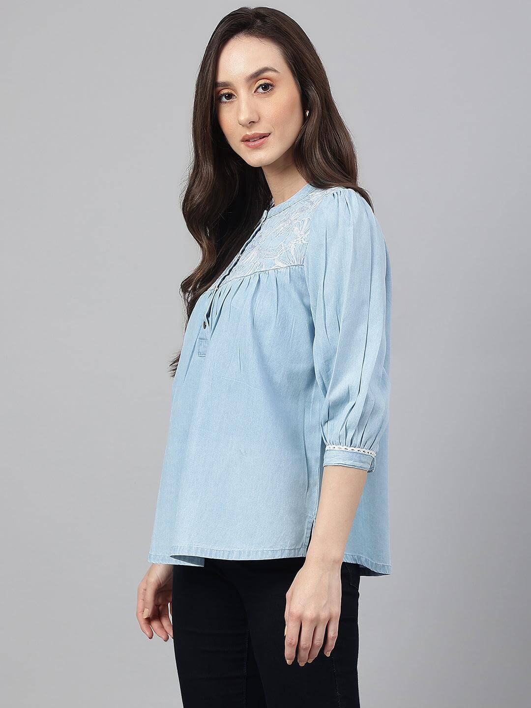 Light Blue Denim Embroidered Flared Top