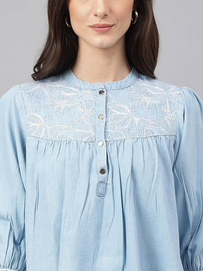 Light Blue Denim Embroidered Flared Top